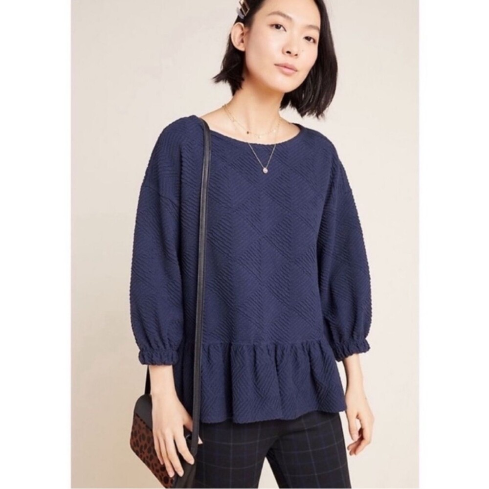 Maeve Anthropologie Mikayla Navy Blue Peplum Balloon Sleeve Blouse Sz L